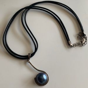 Blue Pearl necklace with leather chain